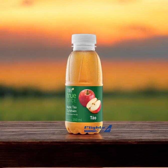 Nước táo ép TH True Juice chai 350ml, sản phẩm dùng trên các chuyến bay quốc nội và quốc tế